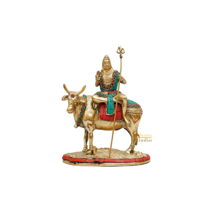Brass Shiva Idol Seated On Nandi Stone Work 9 Inch by vendor-unknown - Hindu Gods (View 3)