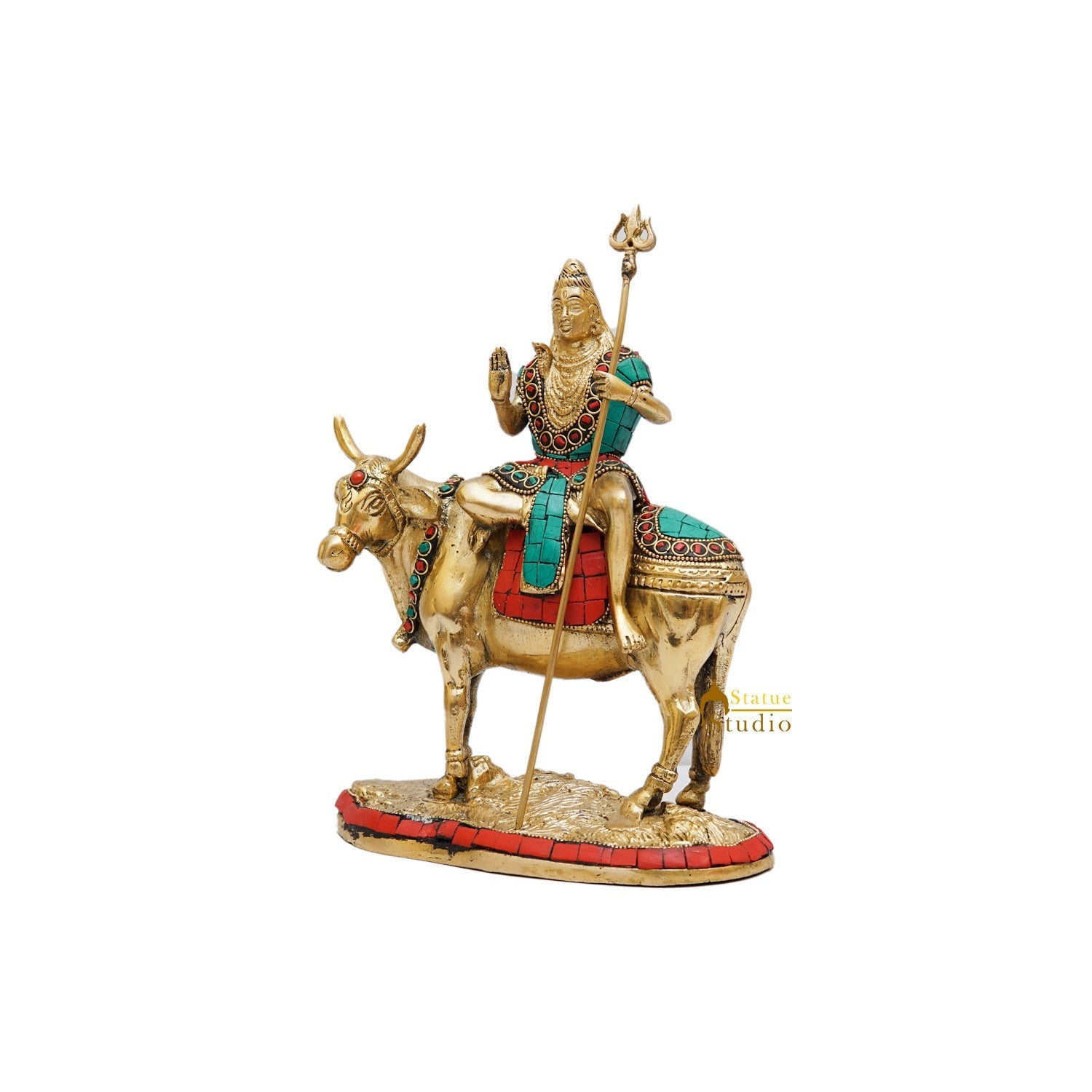 Brass Shiva Idol Seated On Nandi Stone Work 9 Inch - Image 4