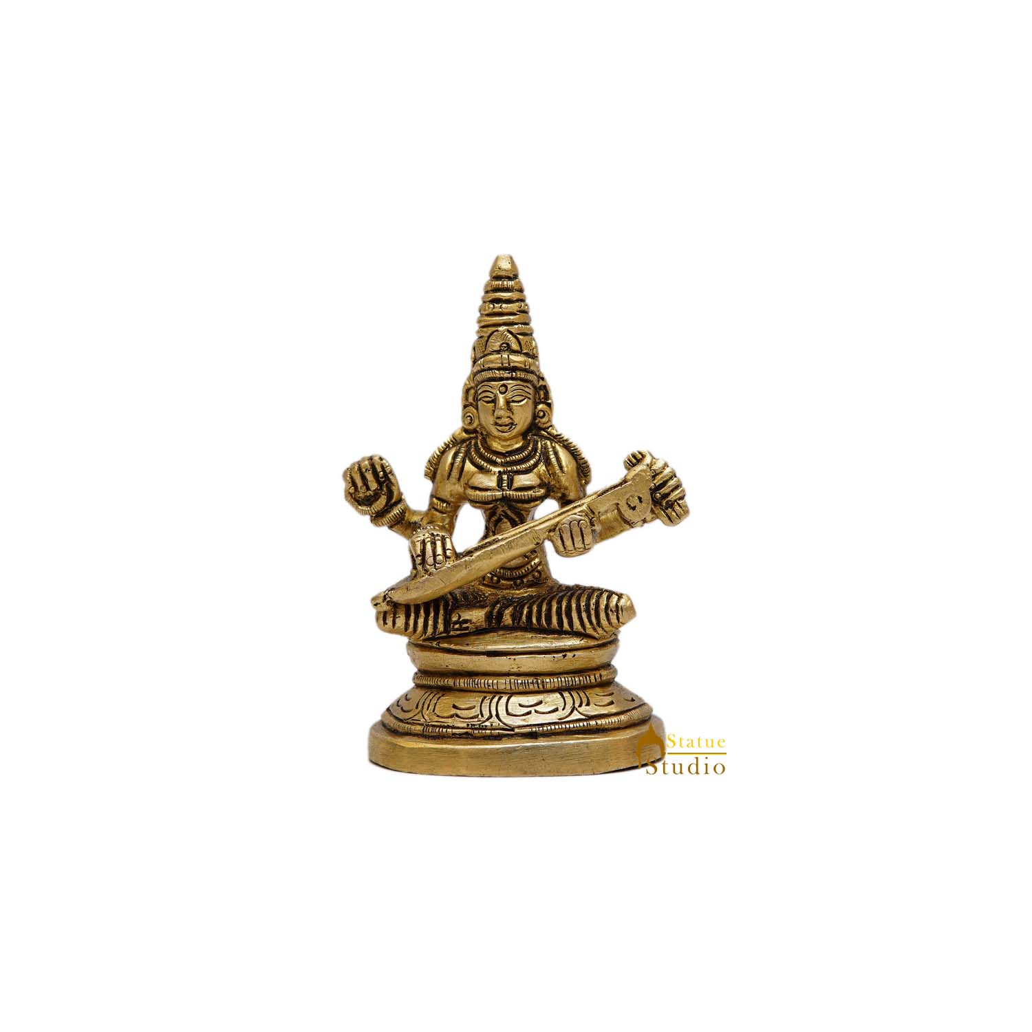 Brass Small Saraswati Statue For Home Decor 3.5 Inch - Image 2