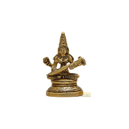 Brass Small Saraswati Statue For Home Decor 3.5 Inch by vendor-unknown - Hindu Gods (View 2)