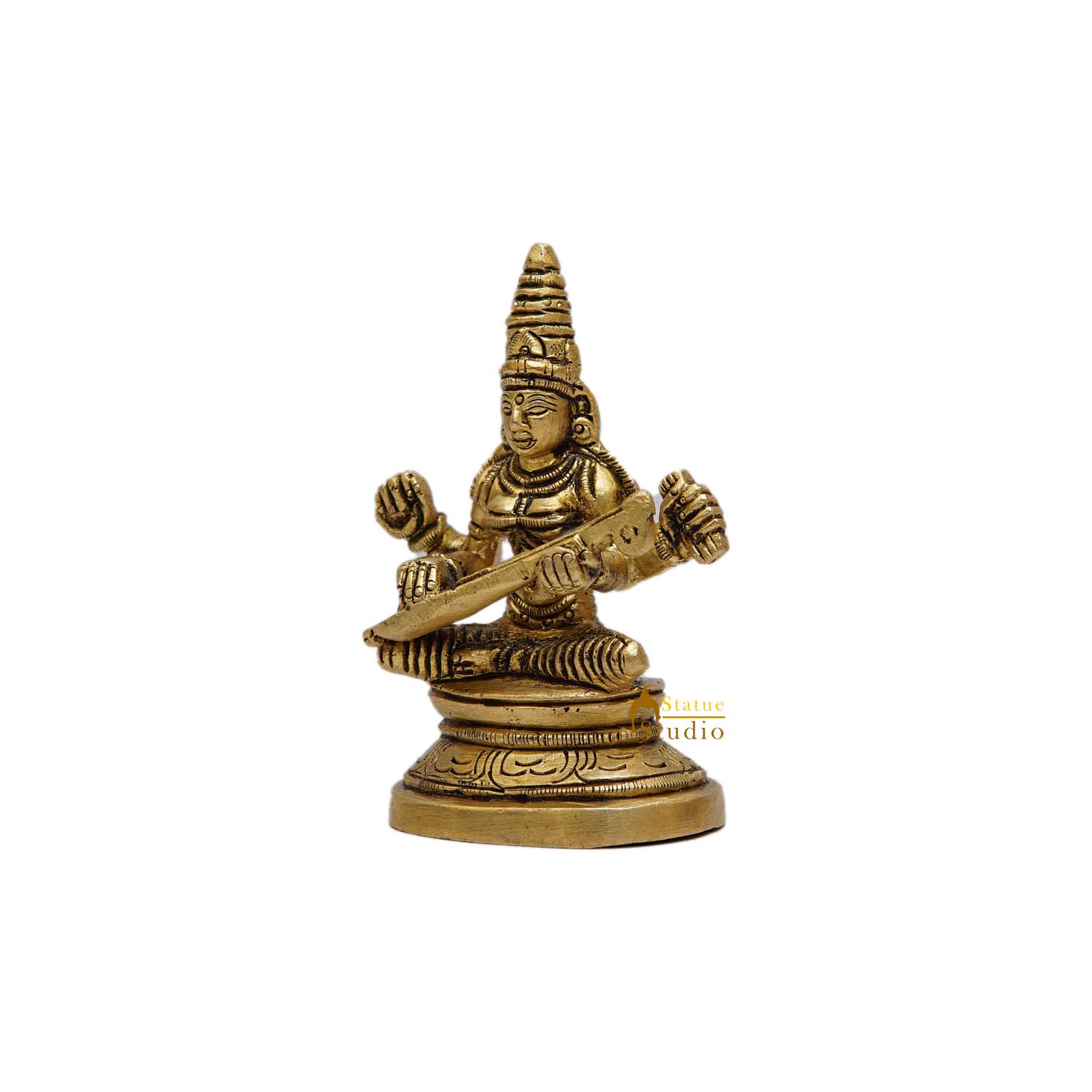 Brass Small Saraswati Statue For Home Decor 3.5 Inch - Image 3