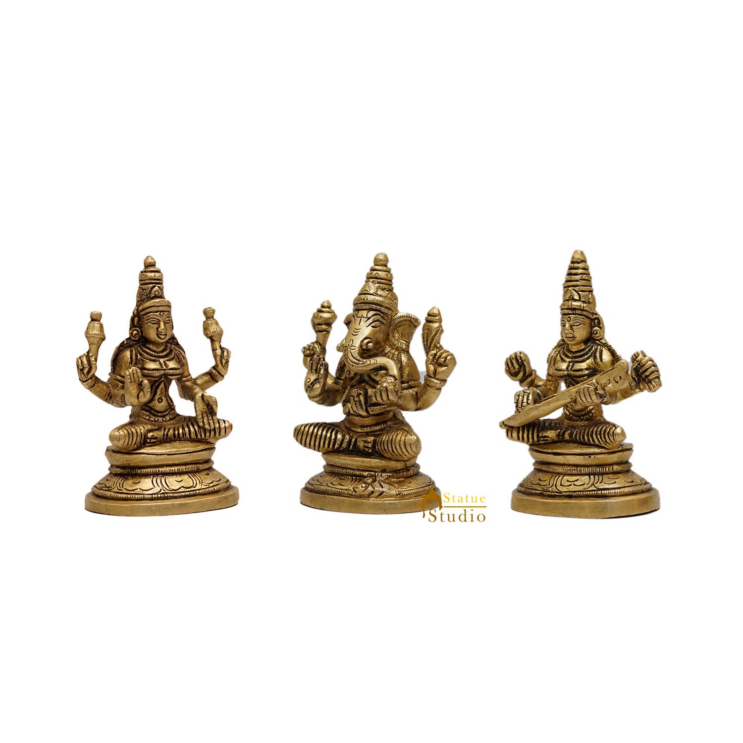 Brass Ganesha Lakshmi Saraswati Idols For Diwali Home Puja Decor 3.5" - Image 3