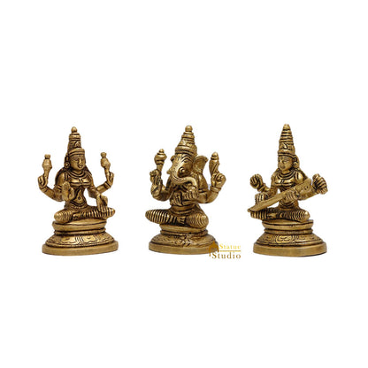 Brass Ganesha Lakshmi Saraswati Idols For Diwali Home Puja Decor 3.5" by vendor-unknown - Hindu Gods (View 3)