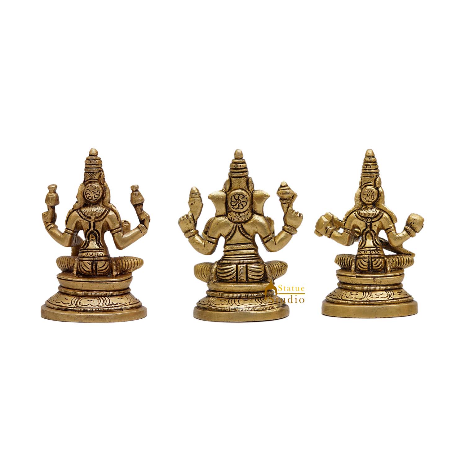 Brass Ganesha Lakshmi Saraswati Idols For Diwali Home Puja Decor 3.5" - Image 4