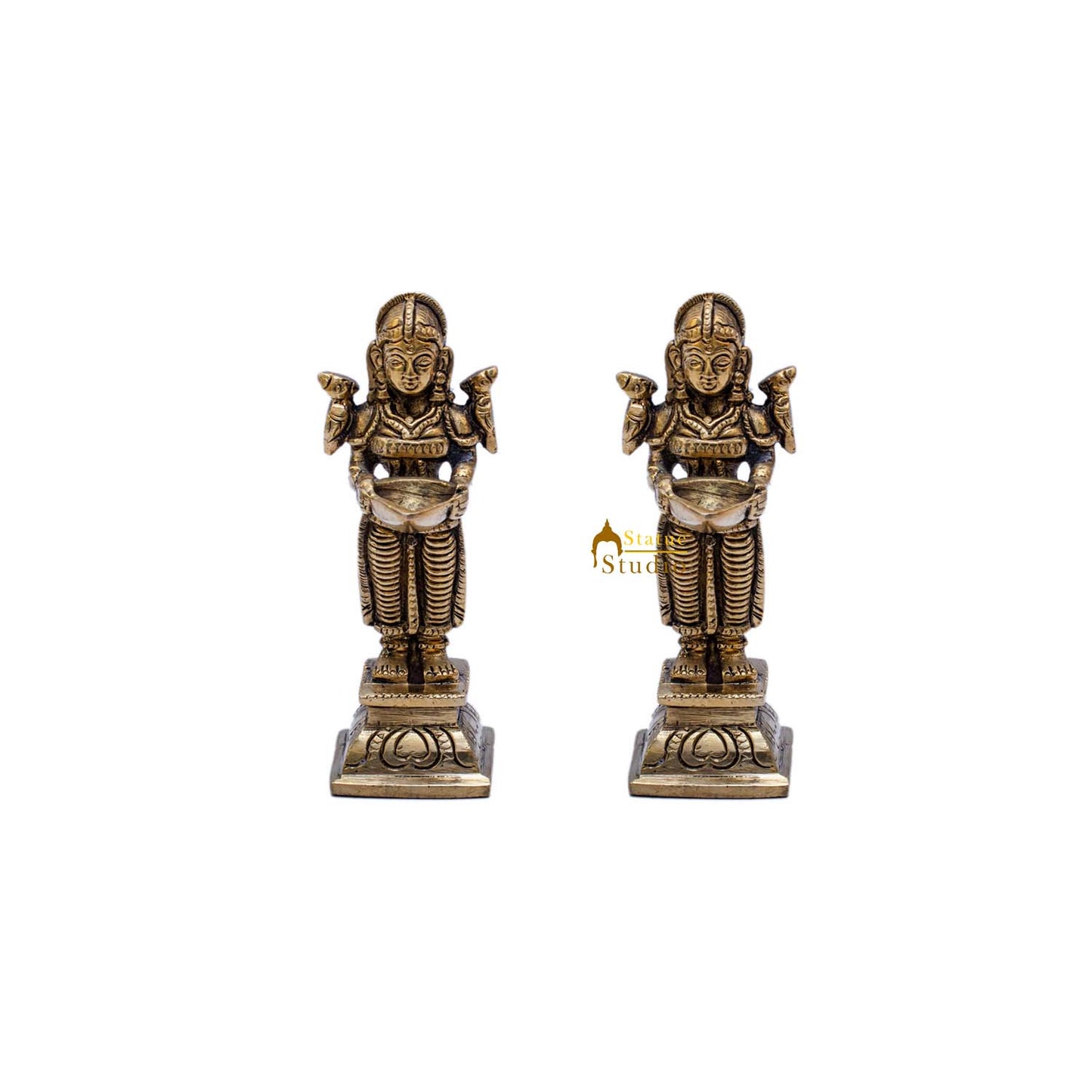 Brass Deeplakshmi Pair Statue Lady with Diyas 4.5"