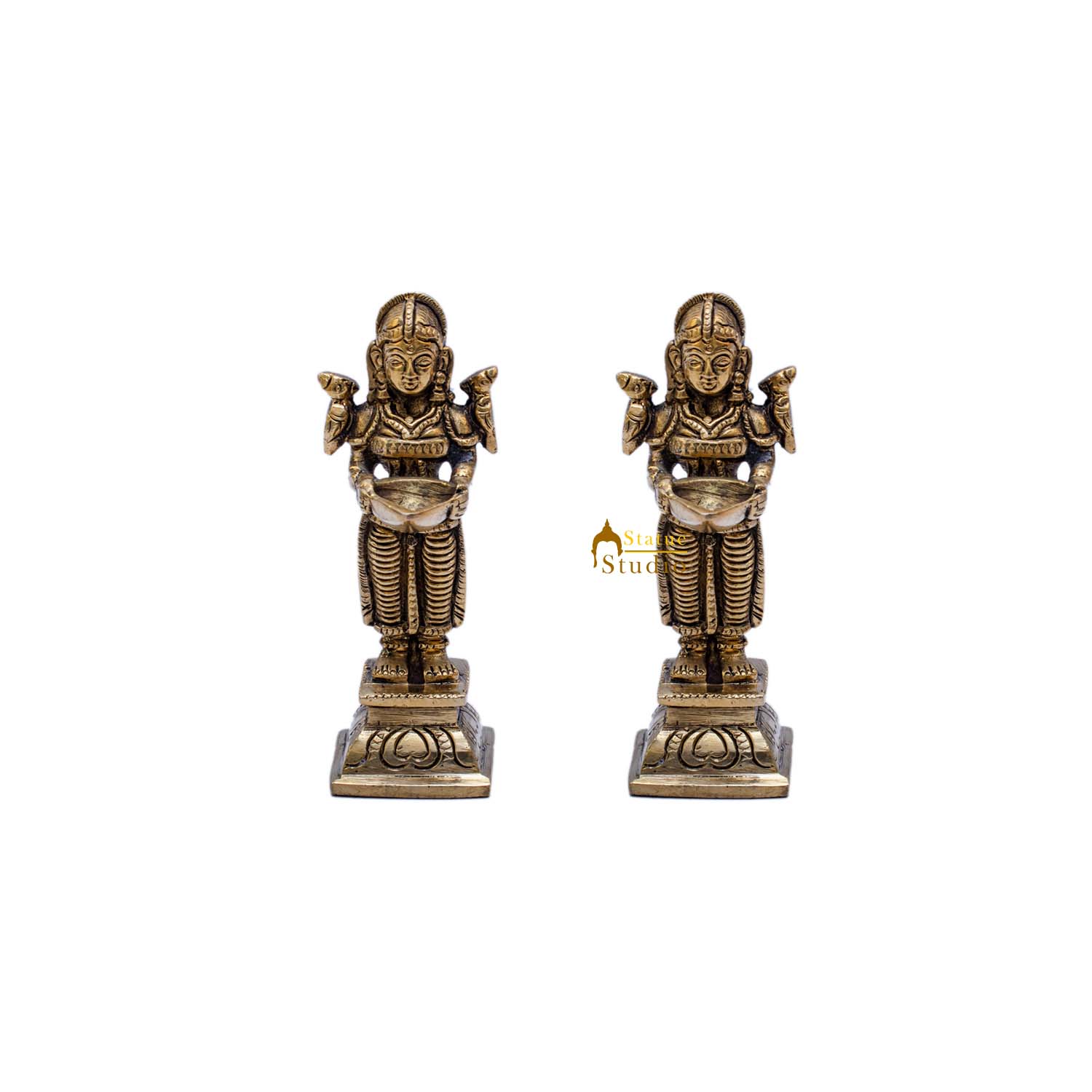 Brass Deeplakshmi Pair Statue Lady with Diyas 4.5" - Image 5