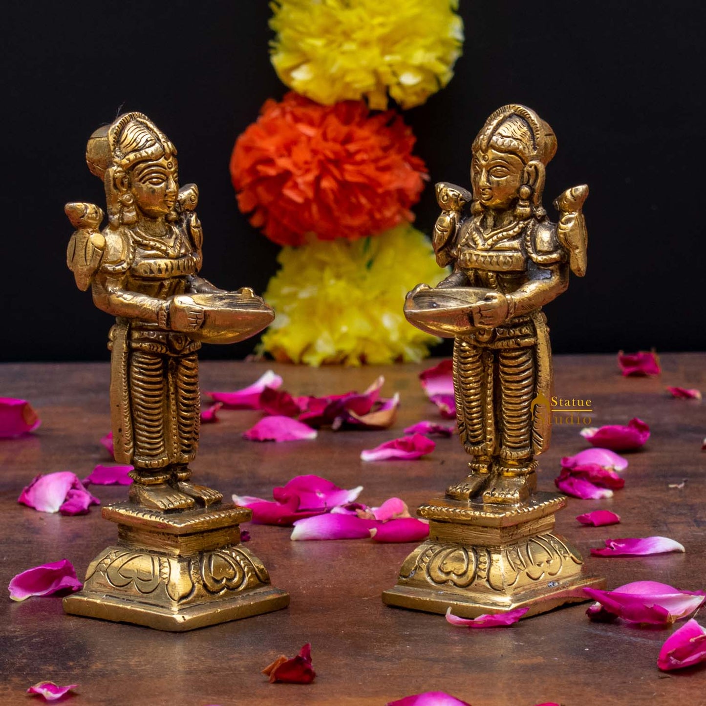 Brass Deeplakshmi Pair Statue Lady with Diyas 4.5"