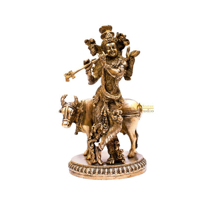 Brass Krishna Statue with Cow 10" by StatueStudio by vendor-unknown - Hindu Gods (View 3)