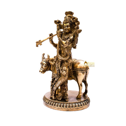Brass Krishna Statue with Cow 10" by StatueStudio by vendor-unknown - Hindu Gods (View 4)