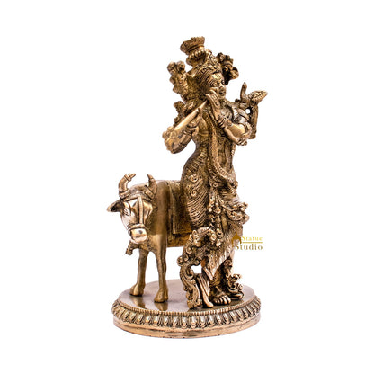 Brass Krishna Statue with Cow 10" by StatueStudio by vendor-unknown - Hindu Gods (View 5)