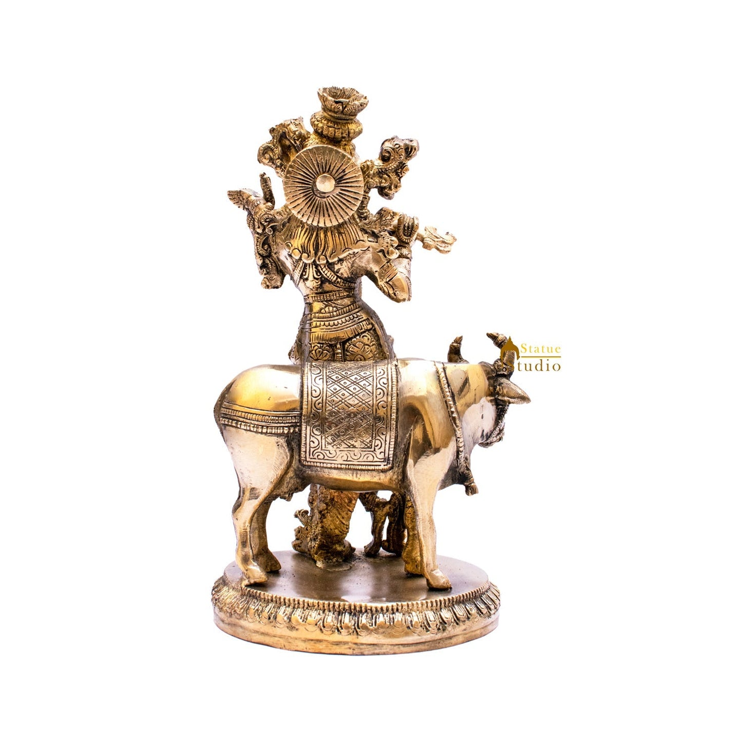 Brass Krishna Statue with Cow 10" by StatueStudio