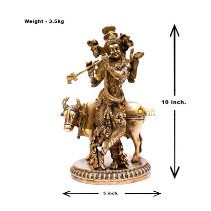 Brass Krishna Statue with Cow 10" by StatueStudio by vendor-unknown - Hindu Gods (View 8)