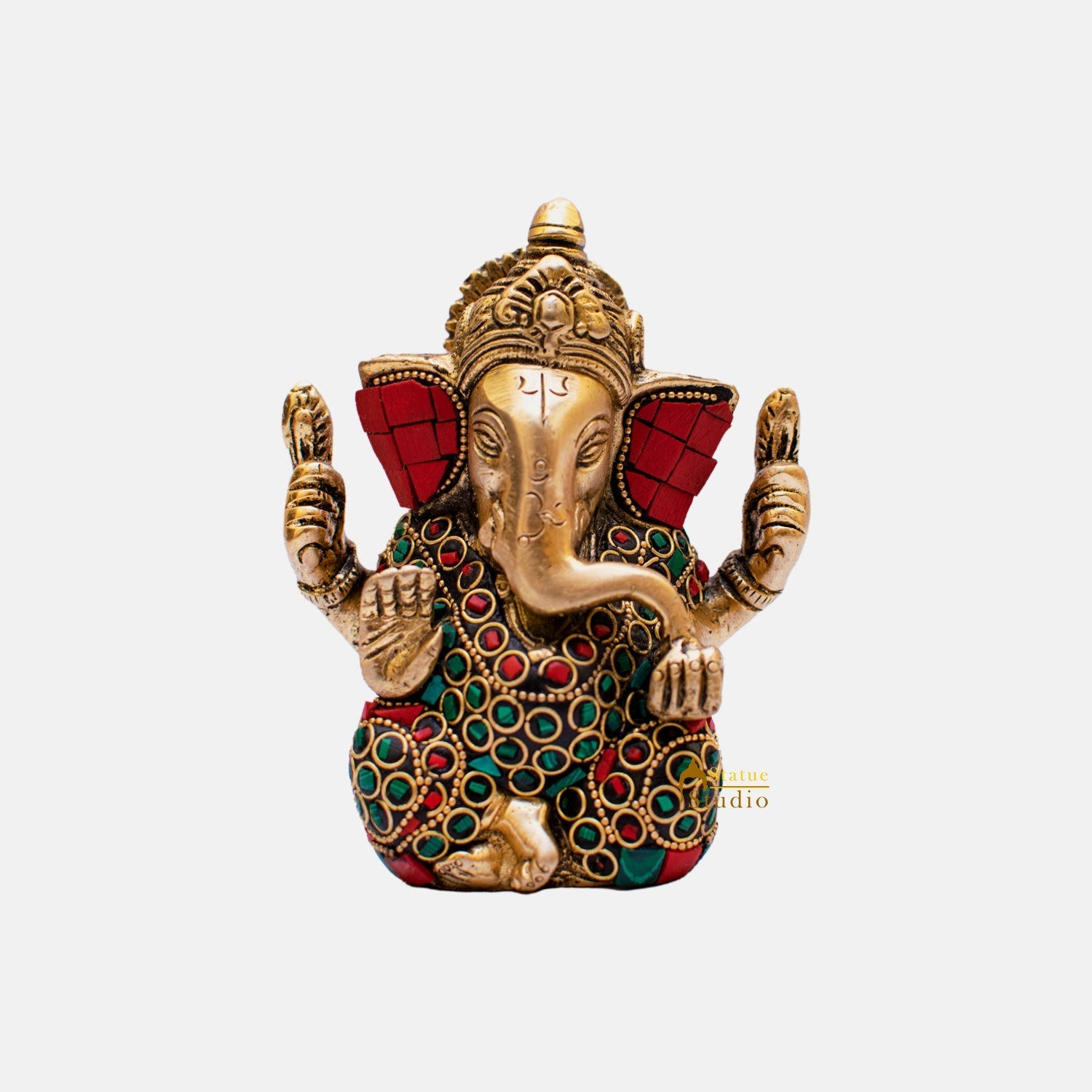 Brass Lord Ganapati Idol Stone Work For Home Decor Gifting 4" - Image 3