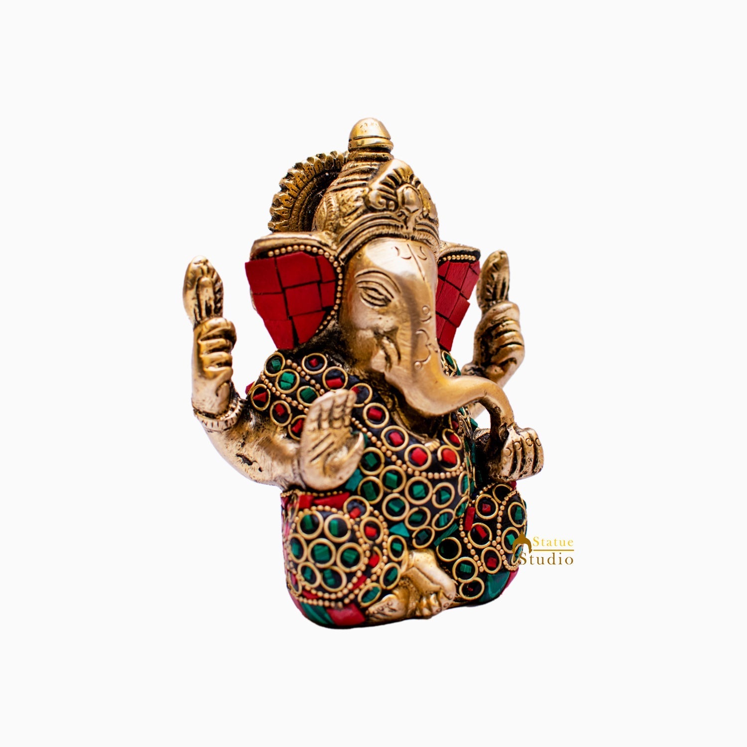 Brass Lord Ganapati Idol Stone Work For Home Decor Gifting 4" - Image 4