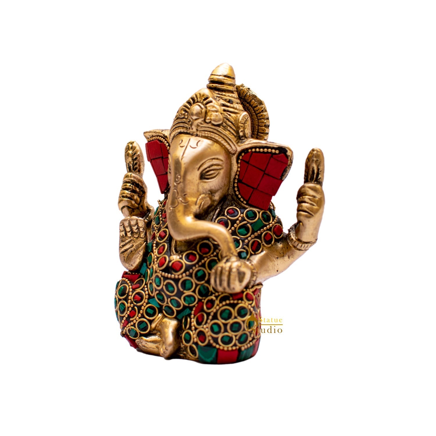 Brass Lord Ganapati Idol Stone Work For Home Decor Gifting 4" - Image 5