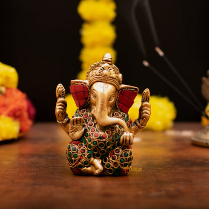 Brass Lord Ganapati Idol Stone Work For Home Decor Gifting 4" by vendor-unknown - Hindu Gods