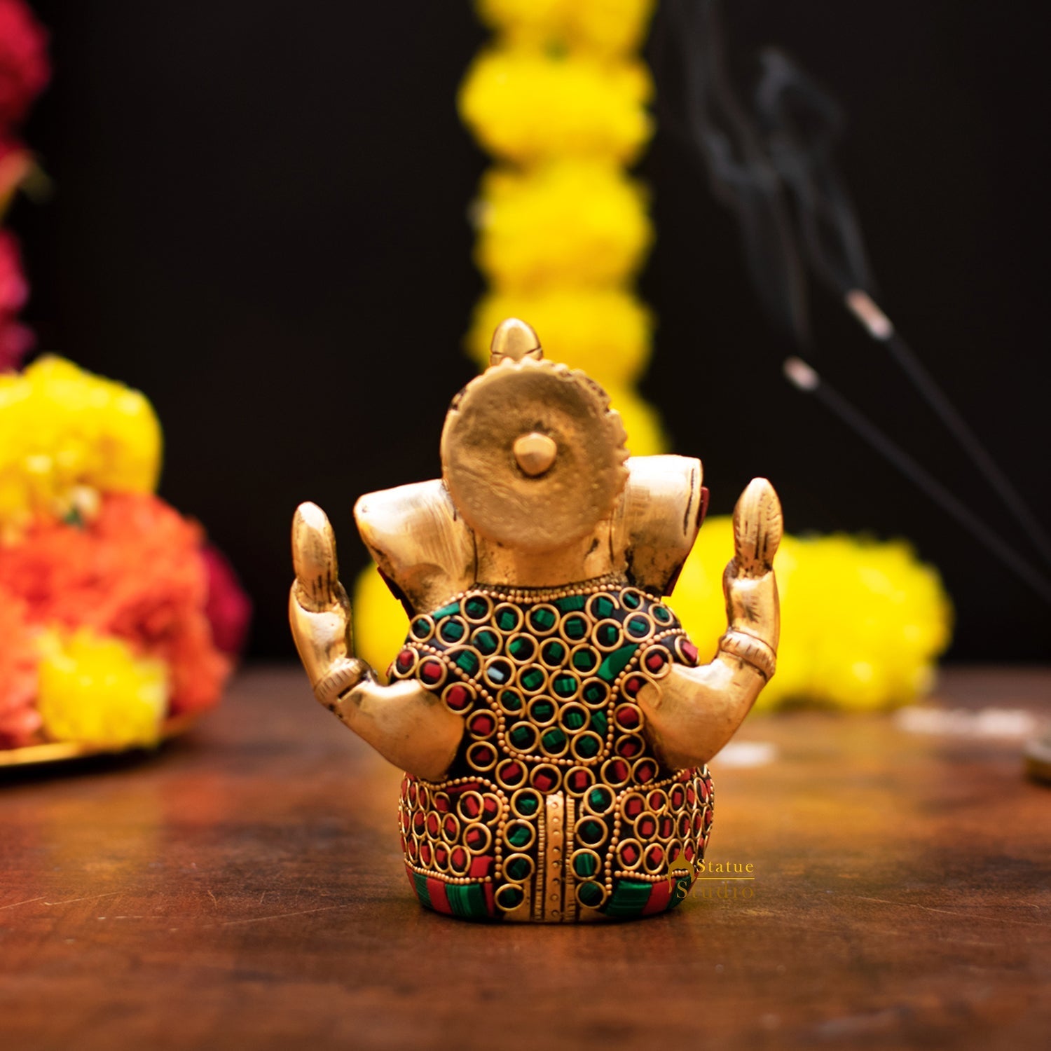 Brass Lord Ganapati Idol Stone Work For Home Decor Gifting 4" - Image 6