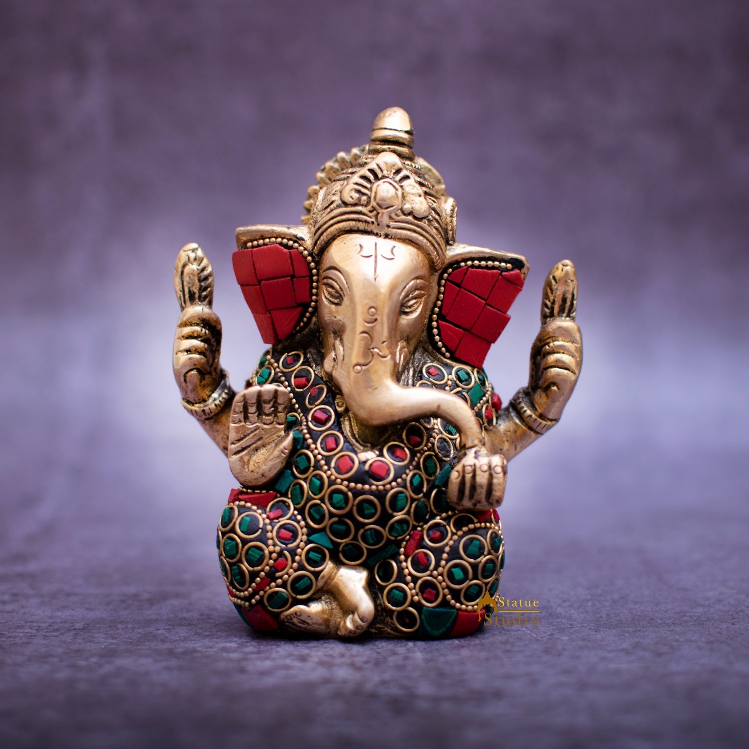 Brass Lord Ganapati Idol Stone Work For Home Decor Gifting 4" - Image 2