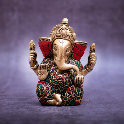 Brass Lord Ganapati Idol Stone Work For Home Decor Gifting 4" by vendor-unknown - Hindu Gods (View 2)