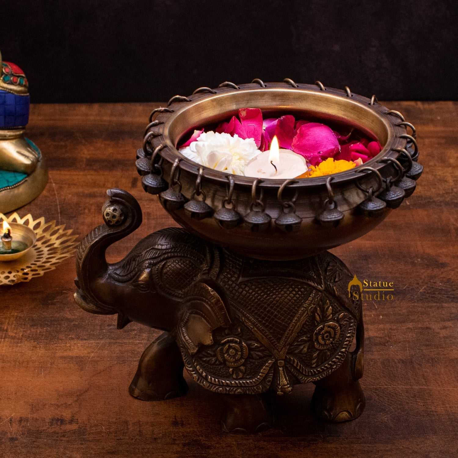 Brass Elephant South Indian Urli For Home Garden Office Decor Gift 7" - Eco-friendly - Sama Homes
