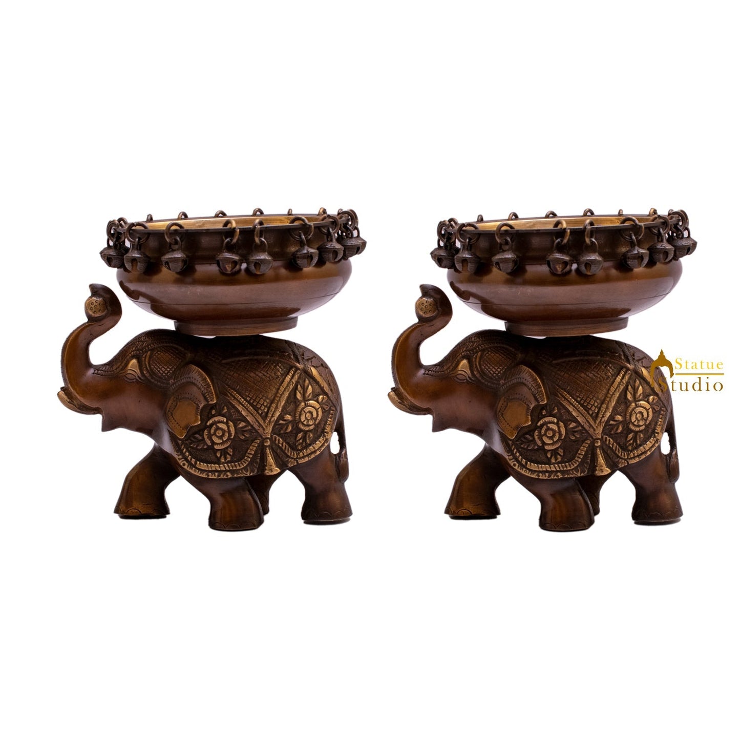 Brass Elephant Pair South Indian Urli For Home Garden Office Decor Gift 7"