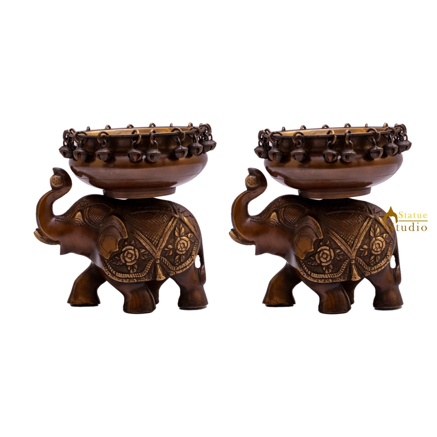 Brass Elephant Pair South Indian Urli For Home Garden Office Decor Gift 7" - Image 3
