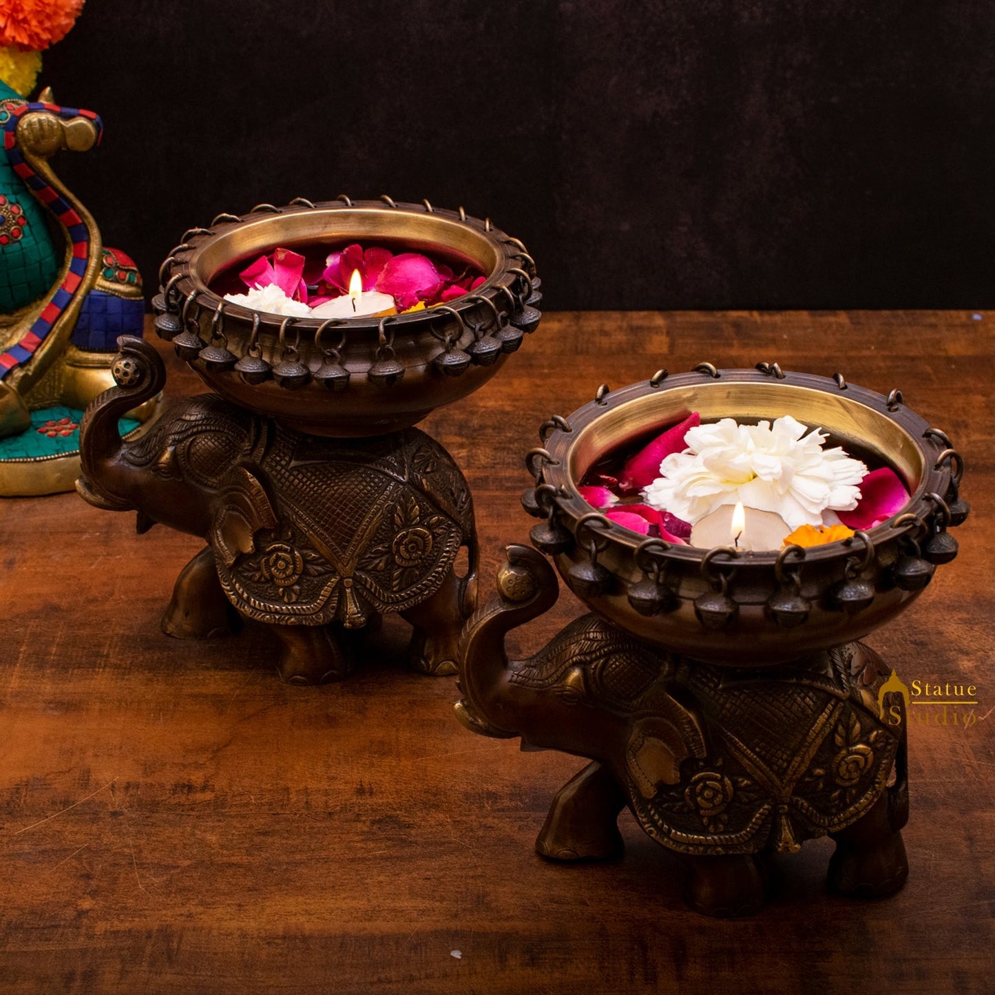 Brass Elephant Pair South Indian Urli For Home Garden Office Decor Gift 7"