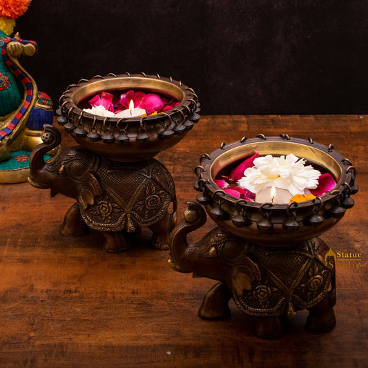 Brass Elephant Pair South Indian Urli For Home Garden Office Decor Gift 7"