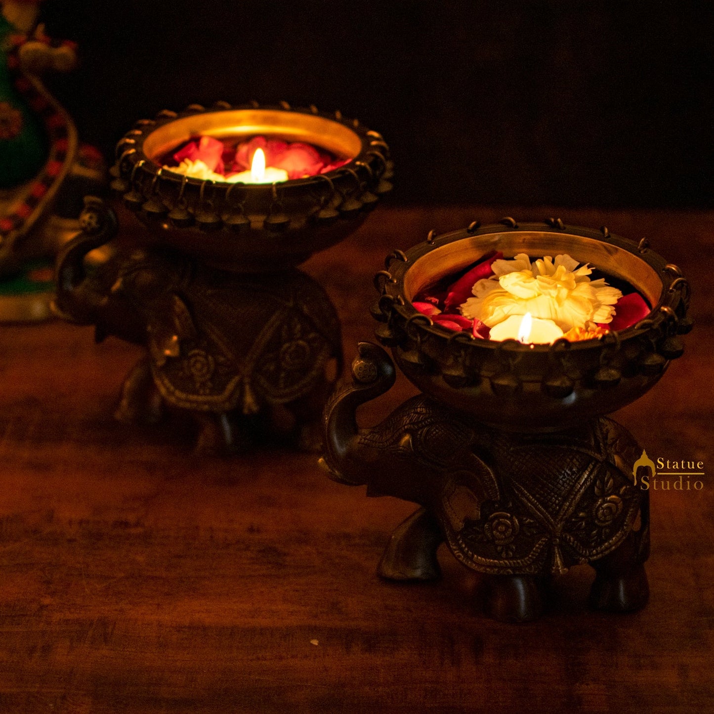 Brass Elephant Pair South Indian Urli For Home Garden Office Decor Gift 7"