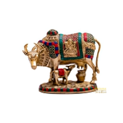 Brass Cow With Calf Idol Lakshmi Ji Engraved Home Pooja Room Decor Showpiece 6" by vendor-unknown - Spiritual (View 6)