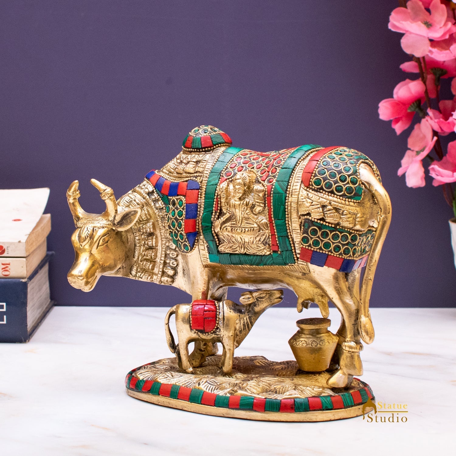 Brass Cow With Calf Idol Lakshmi Ji Engraved Home Pooja Room Decor Showpiece 6" - Image 3