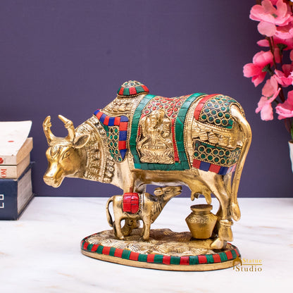 Brass Cow With Calf Idol Lakshmi Ji Engraved Home Pooja Room Decor Showpiece 6" by vendor-unknown - Spiritual (View 3)