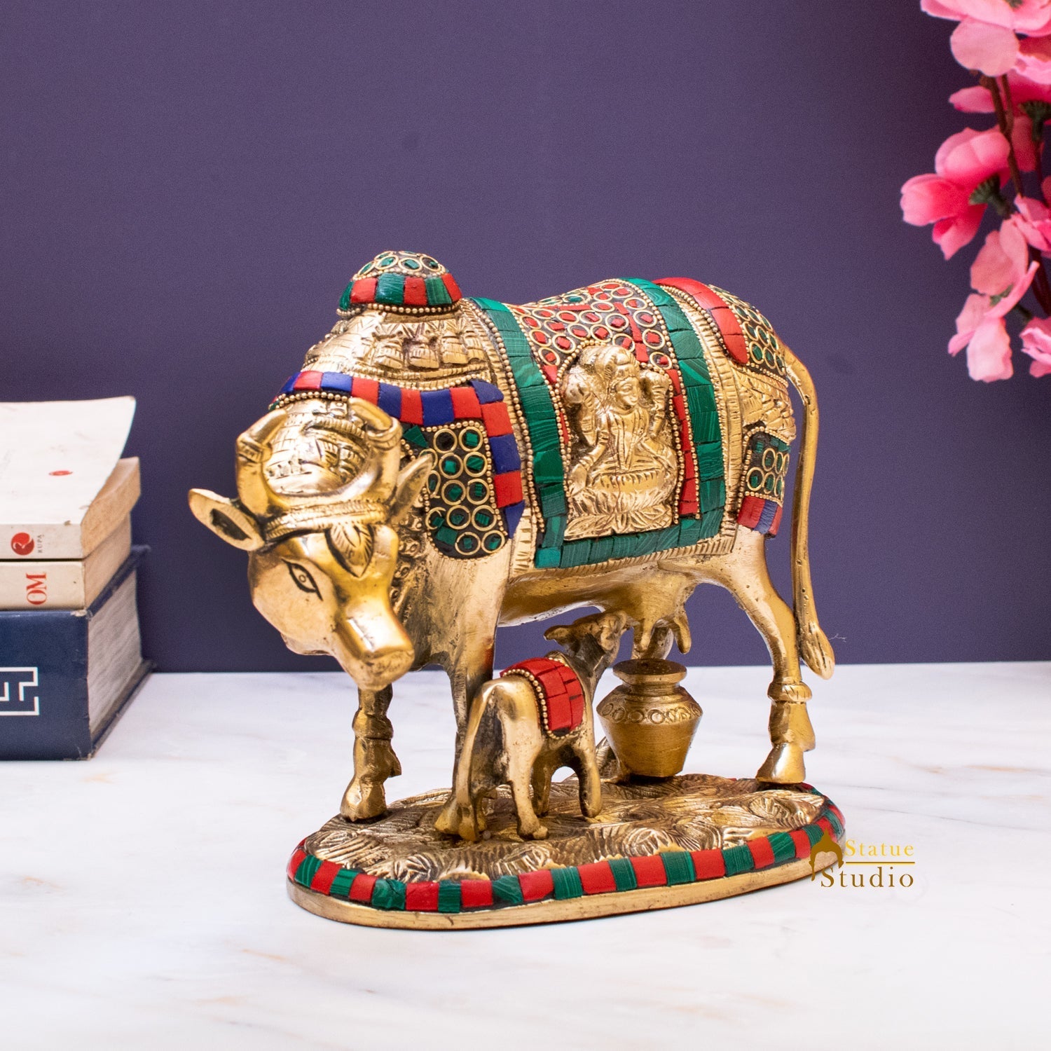 Brass Cow With Calf Idol Lakshmi Ji Engraved Home Pooja Room Decor Showpiece 6" - Image 4