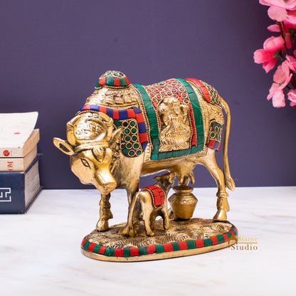 Brass Cow With Calf Idol Lakshmi Ji Engraved Home Pooja Room Decor Showpiece 6" by vendor-unknown - Spiritual (View 4)
