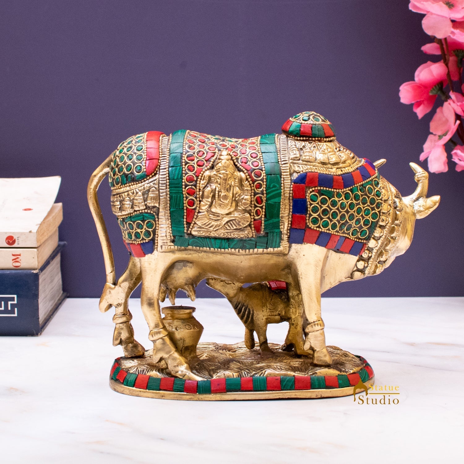 Brass Cow With Calf Idol Lakshmi Ji Engraved Home Pooja Room Decor Showpiece 6" - Image 5