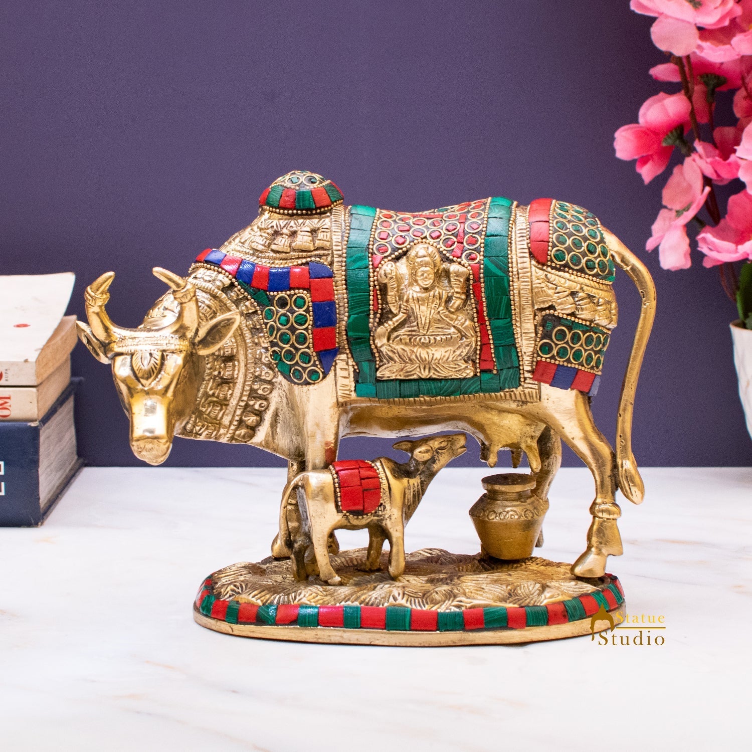 Brass Cow With Calf Idol Lakshmi Ji Engraved Home Pooja Room Decor Showpiece 6" - Image 2