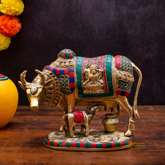 Brass Cow With Calf Idol Lakshmi Ji Engraved Home Pooja Room Decor Showpiece 6"