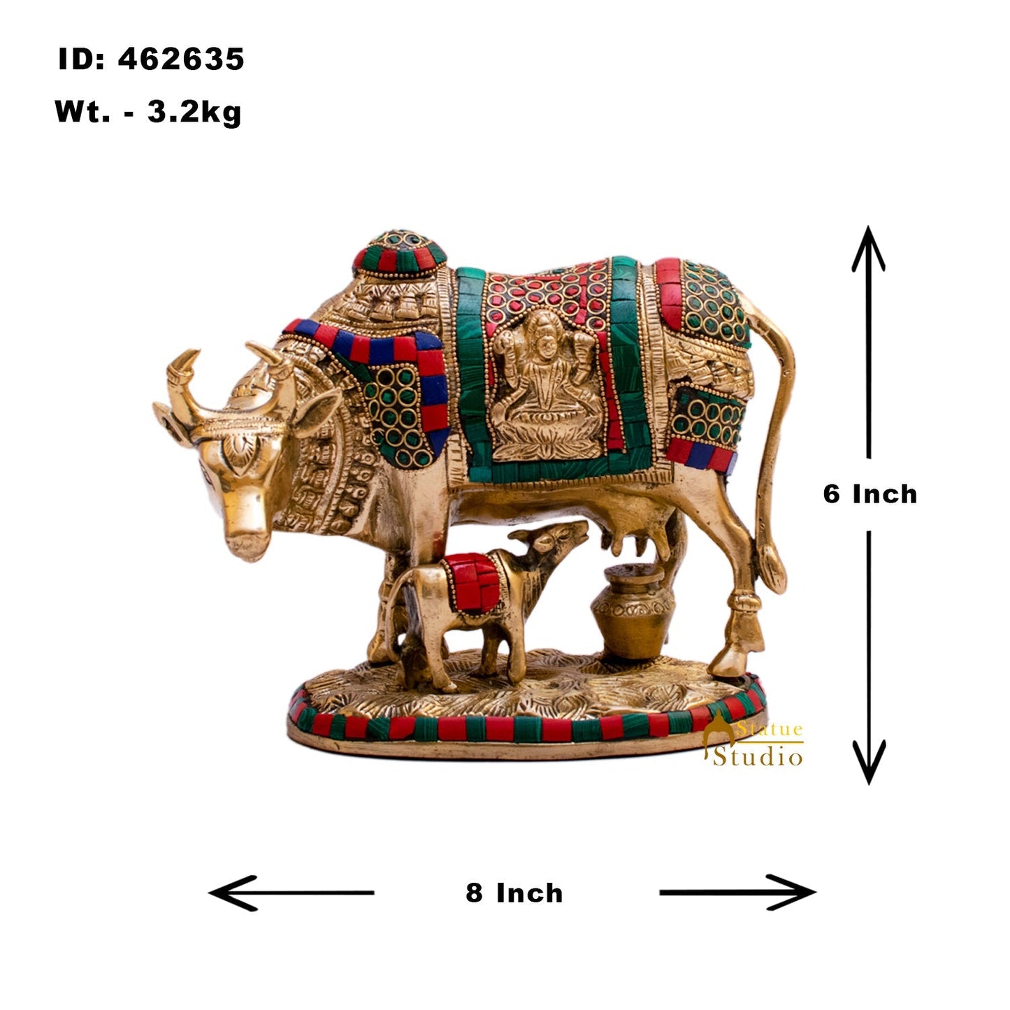 Brass Cow With Calf Idol Lakshmi Ji Engraved Home Pooja Room Decor Showpiece 6"