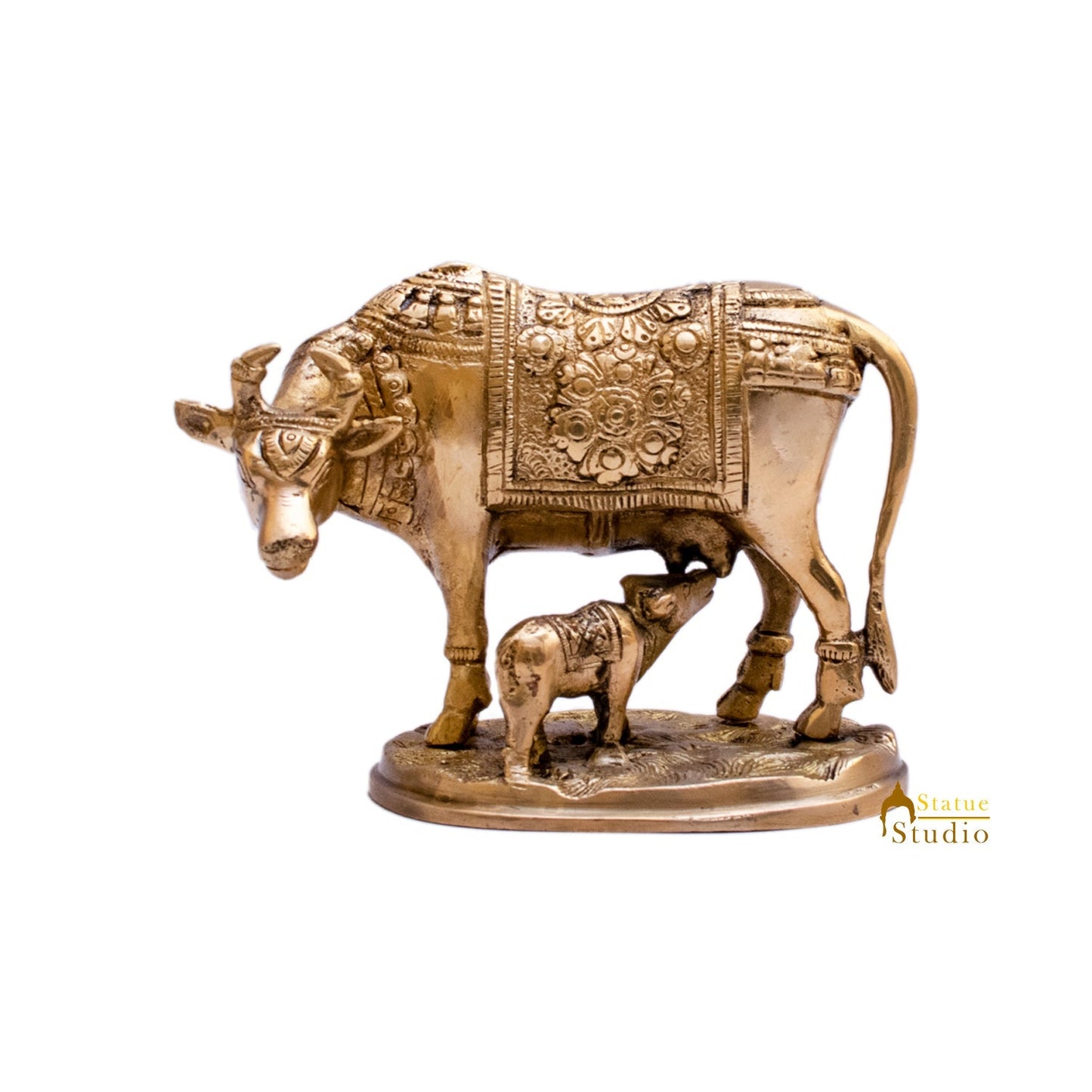 Brass Cow With Calf Home Pooja Room Showpiece 4" Decor