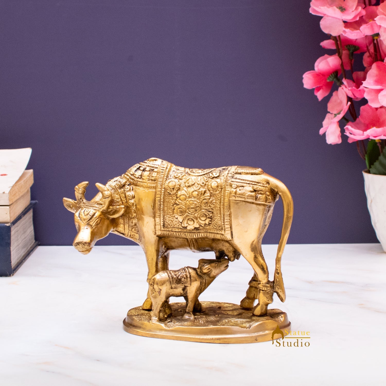 Brass Cow With Calf Home Pooja Room Showpiece 4" Decor - Image 3