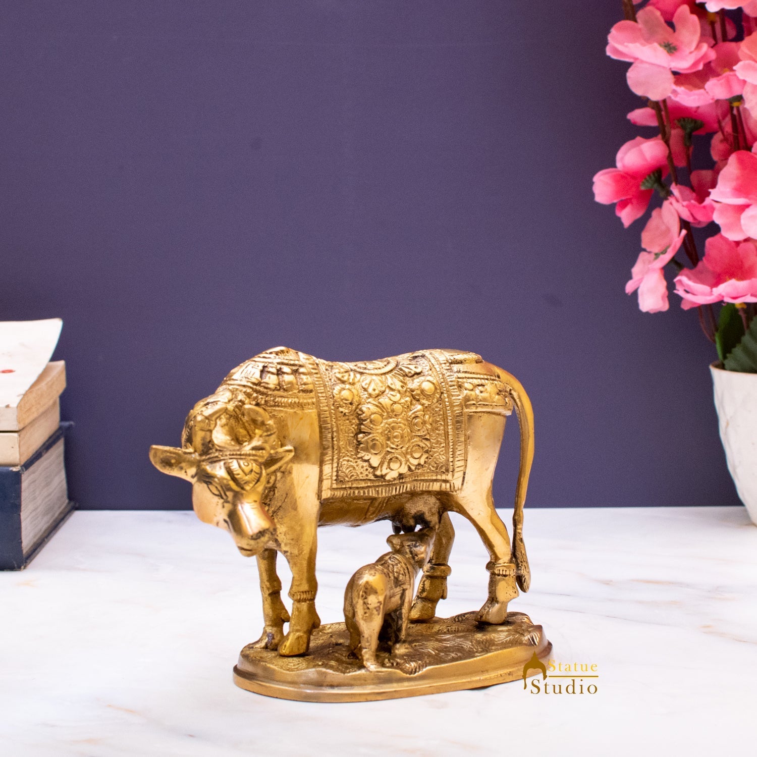 Brass Cow With Calf Home Pooja Room Showpiece 4" Decor - Image 4