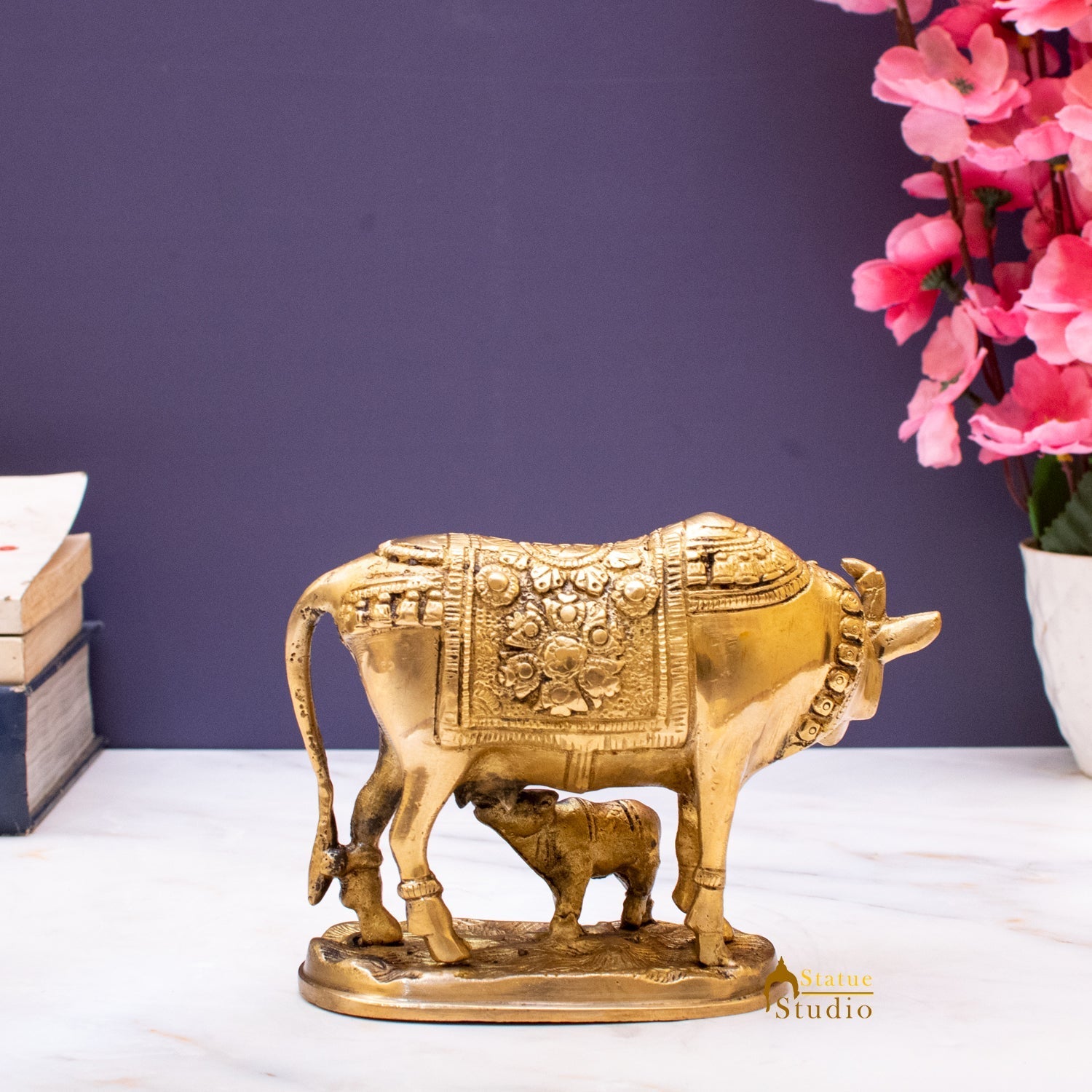 Brass Cow With Calf Home Pooja Room Showpiece 4" Decor - Image 5