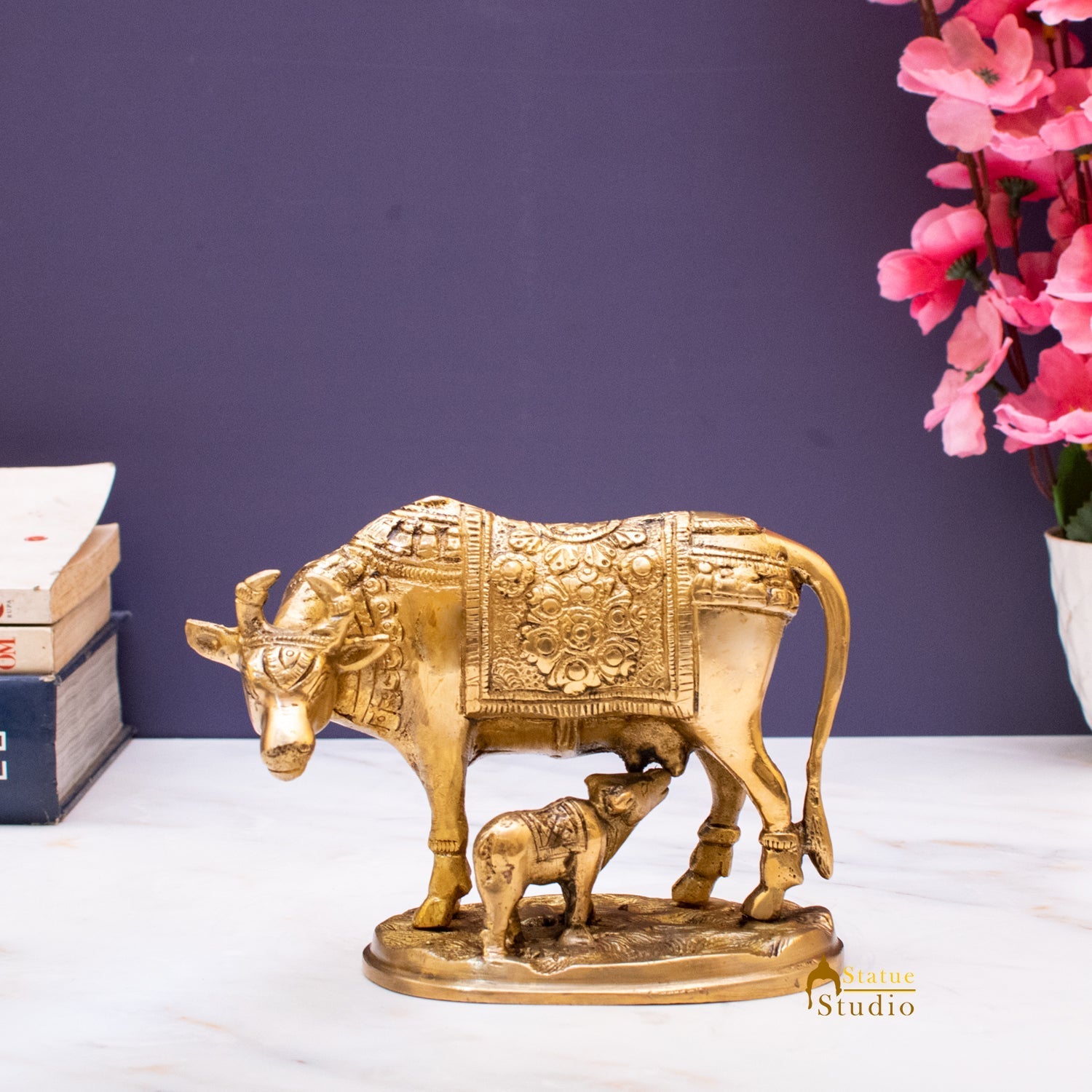 Brass Cow With Calf Home Pooja Room Showpiece 4" Decor - Image 2