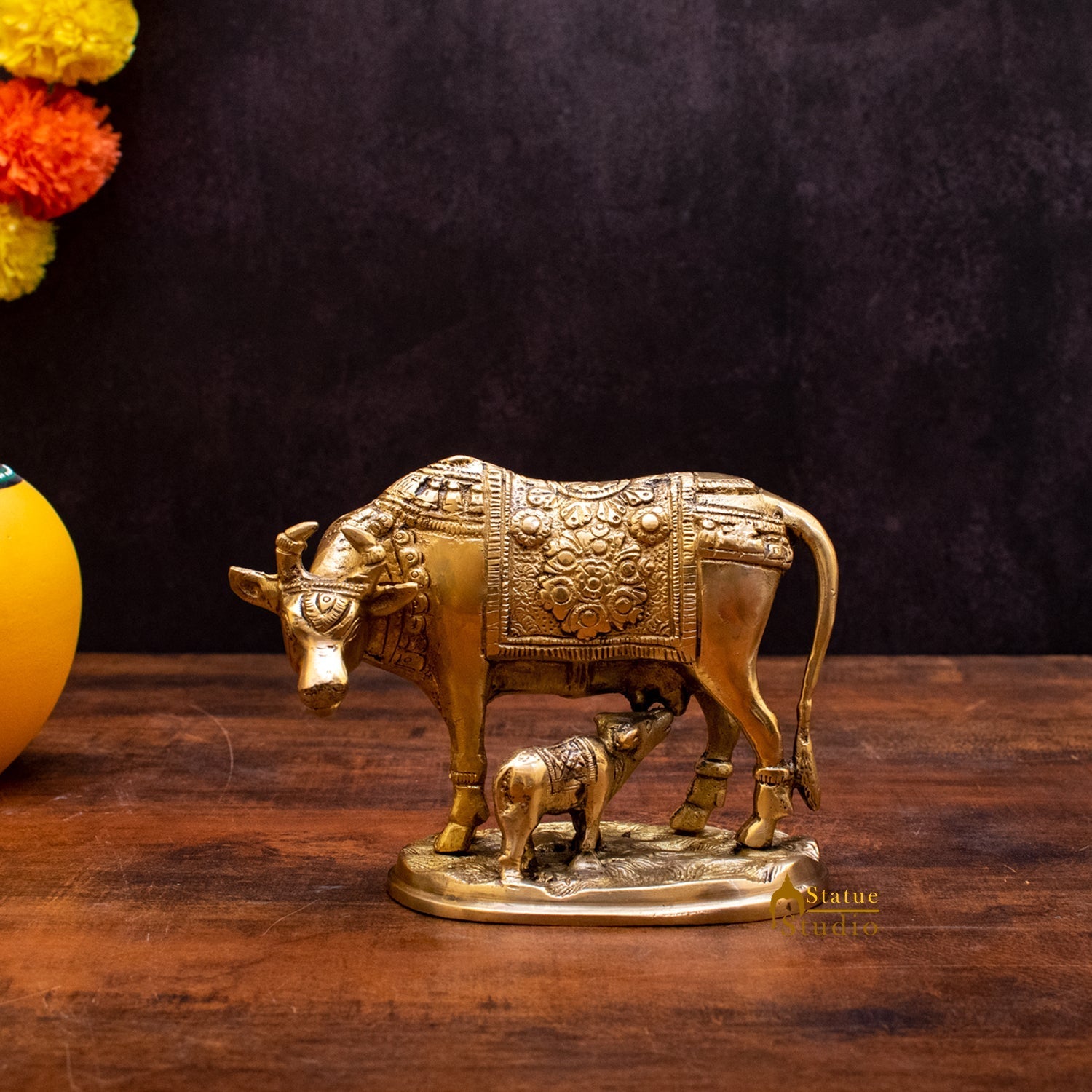Brass Cow With Calf Home Pooja Room Showpiece 4" Decor - Eco-friendly - Sama Homes