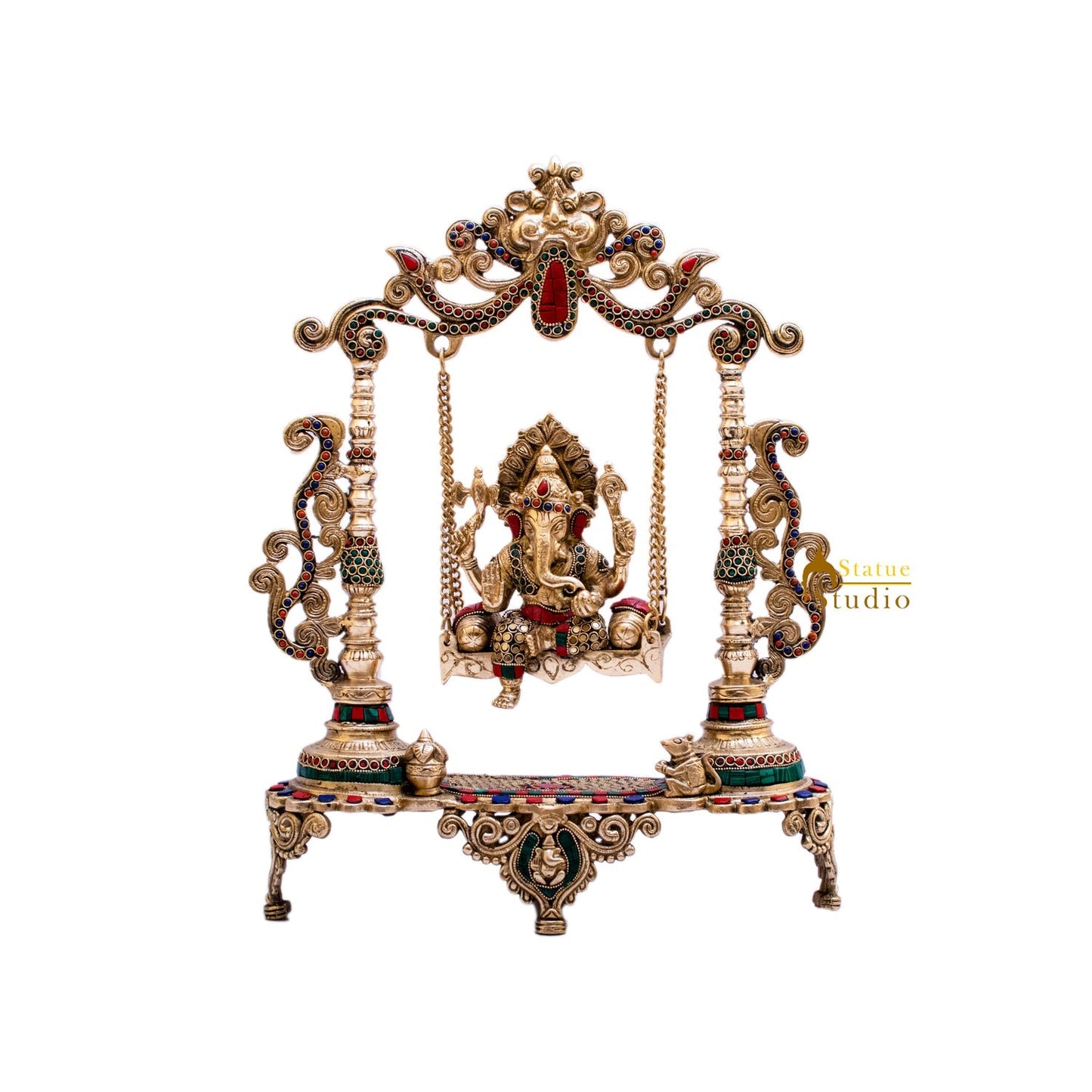 Brass Ganesha On Swing Idol Stone Work For Home Decor 1.5 Feet