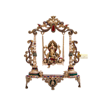 Brass Ganesha On Swing Idol Stone Work For Home Decor 1.5 Feet by vendor-unknown - Hindu Gods (View 6)