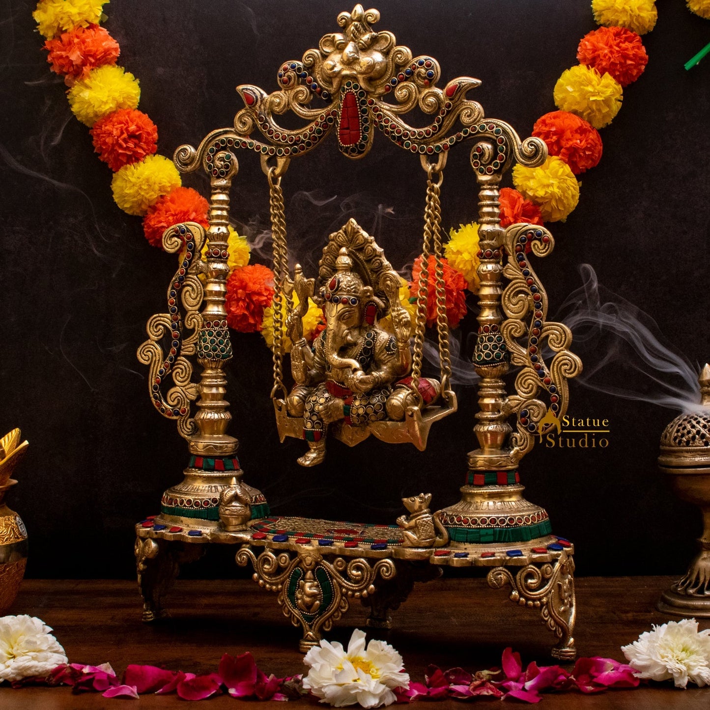 Brass Ganesha On Swing Idol Stone Work For Home Decor 1.5 Feet