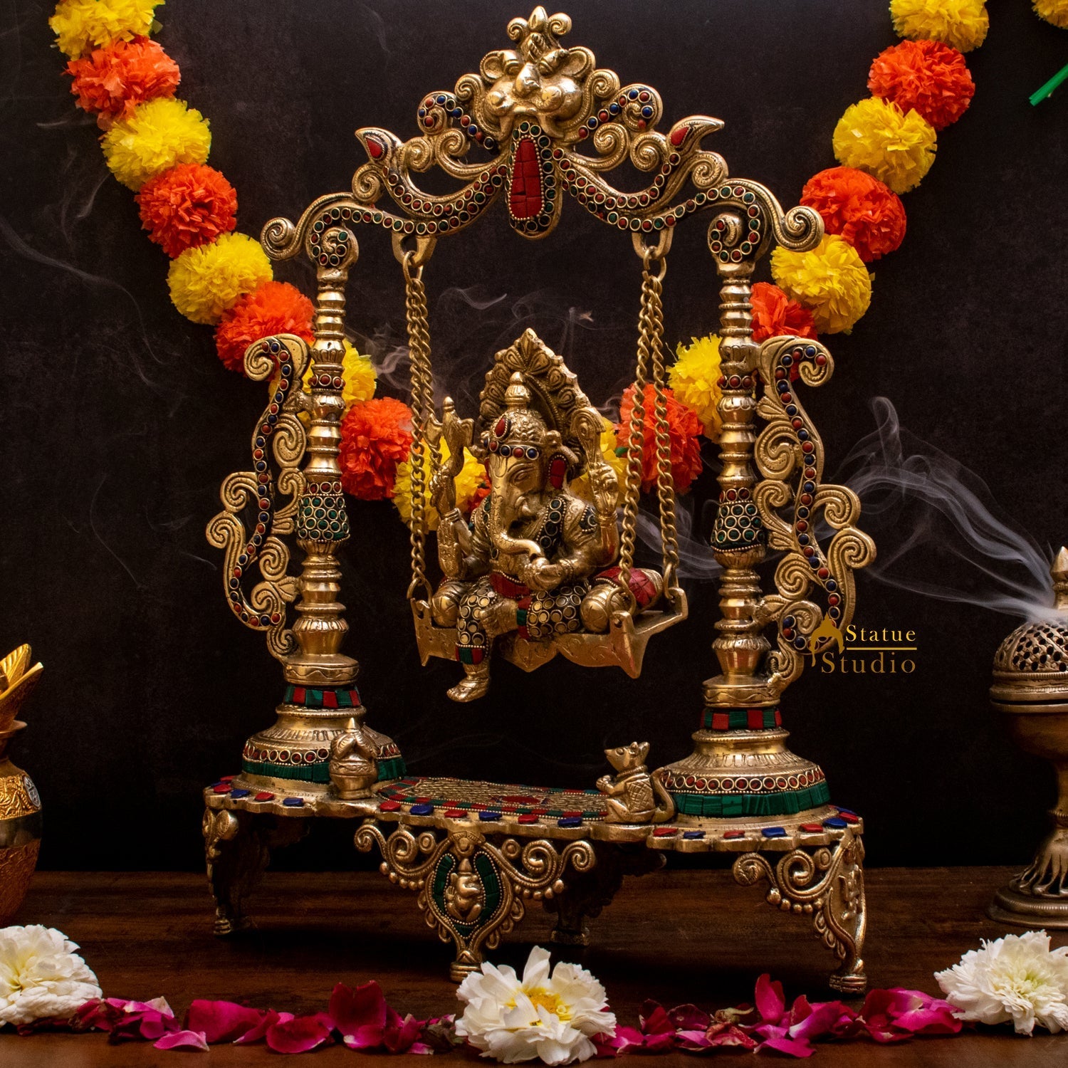 Brass Ganesha On Swing Idol Stone Work For Home Decor 1.5 Feet - Image 3