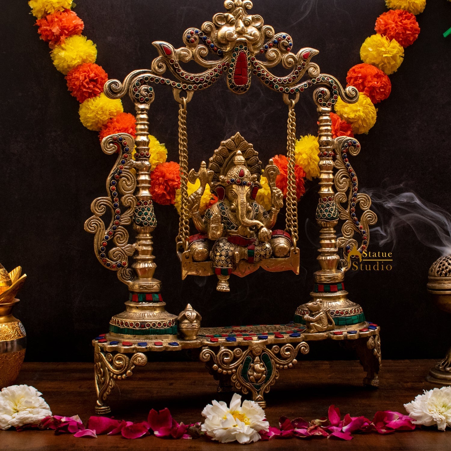 Brass Ganesha On Swing Idol Stone Work For Home Decor 1.5 Feet - Image 4