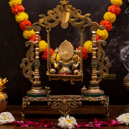 Brass Ganesha On Swing Idol Stone Work For Home Decor 1.5 Feet by vendor-unknown - Hindu Gods (View 5)